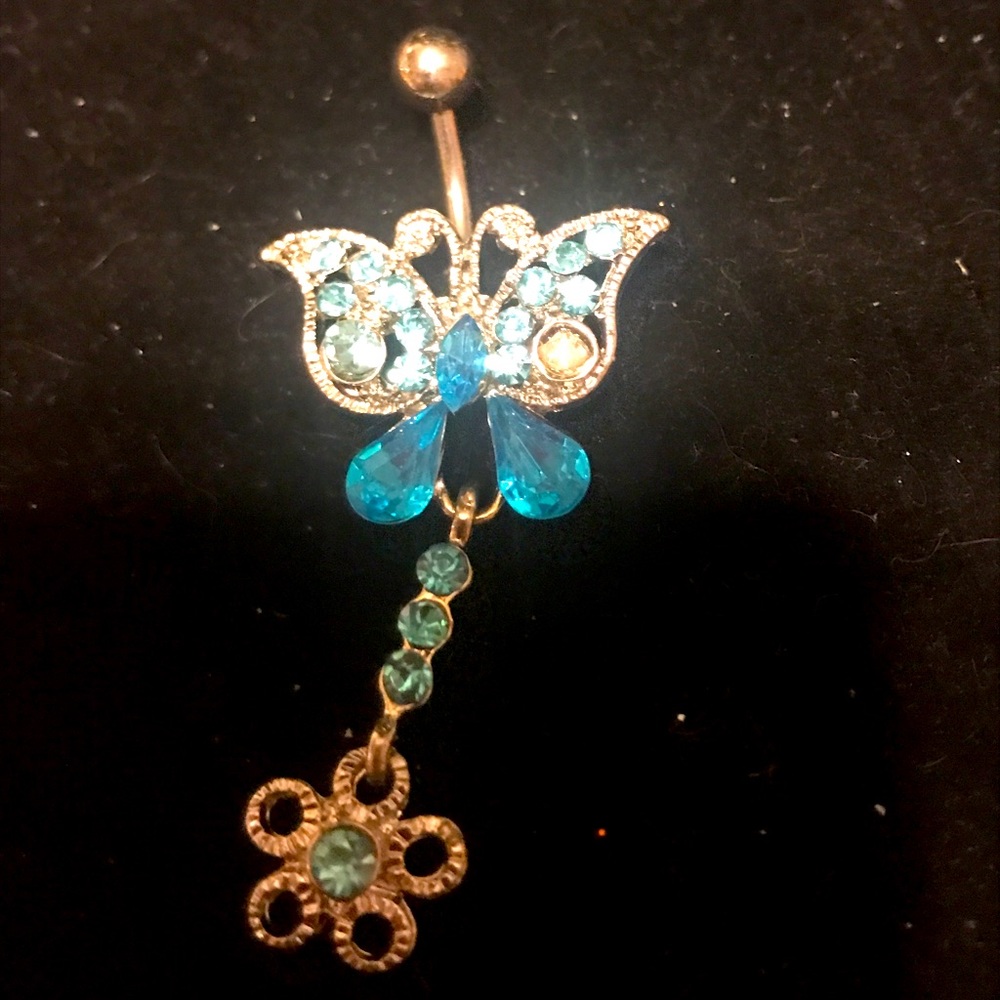 Blue rhinestone butterfly belly ring